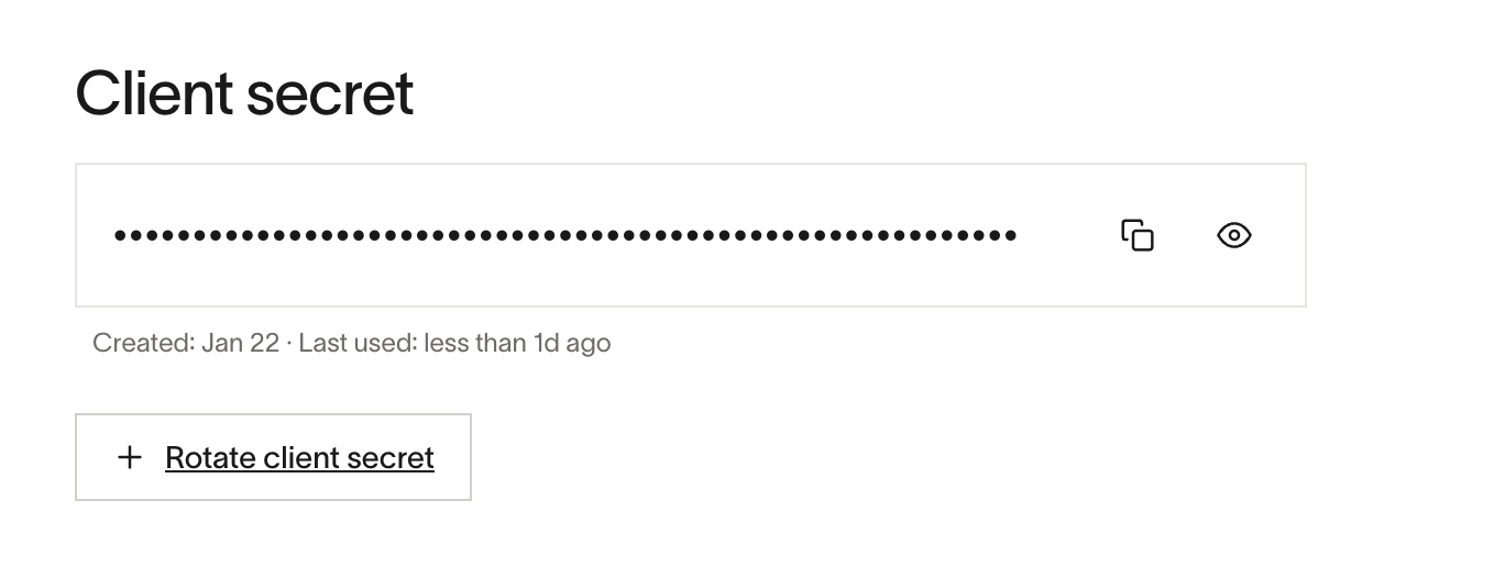 Client secret section displaying a masked password and options to rotate the secret.