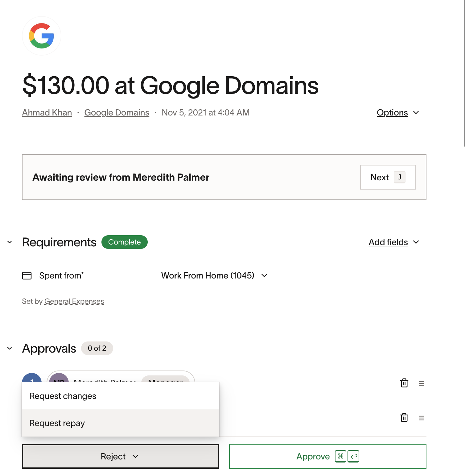 Approvals section showing a request for $130.00 at Google Domains awaiting review, with options to request changes or repay.