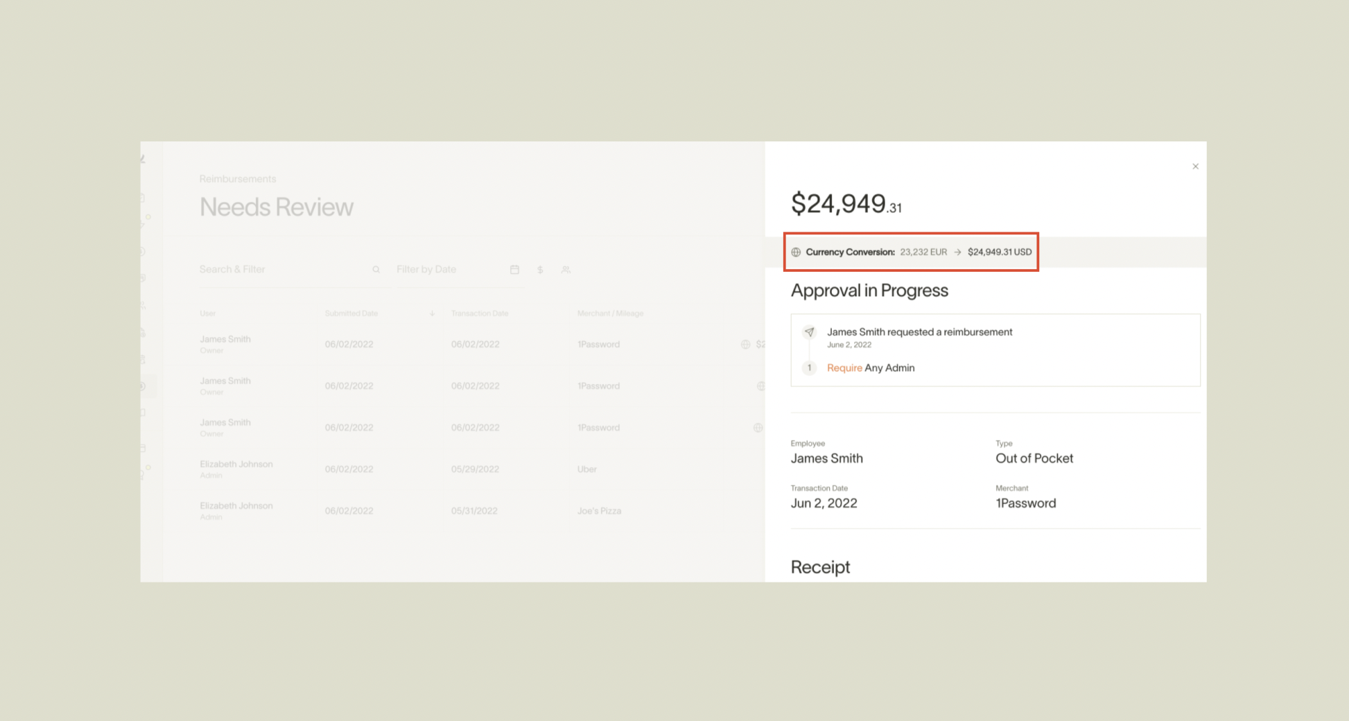 Transaction detail showing currency conversion with globe icon for international transactions