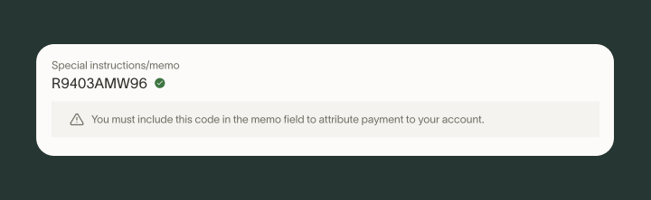 Wire transfer instructions showing the required special memo code for Ramp