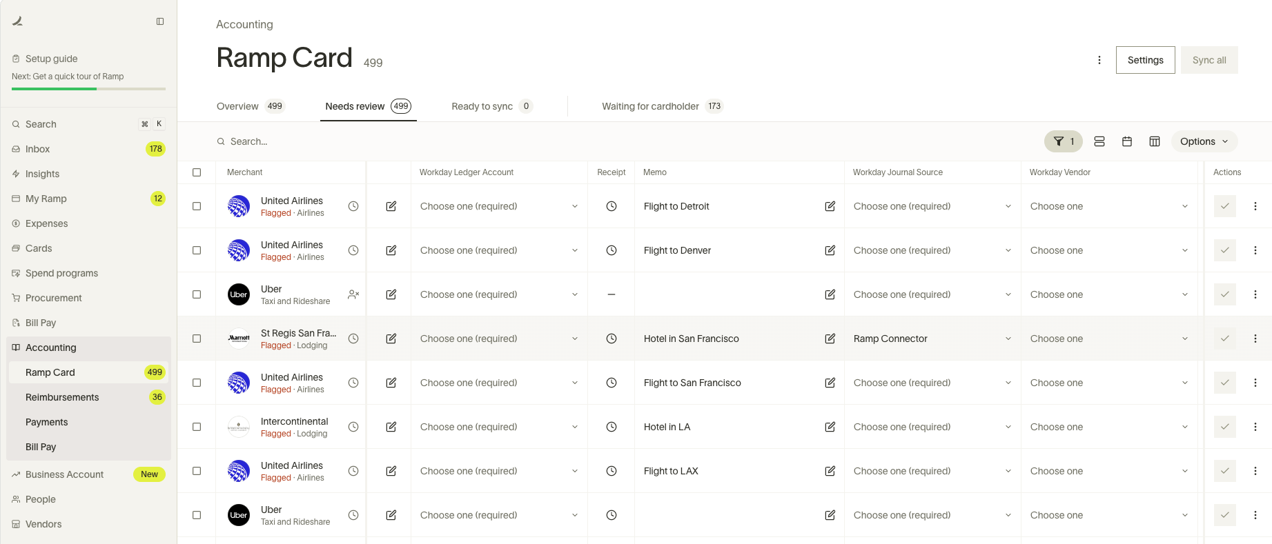 Accounting page showing the Ramp Card section with options for account selection and journal source for transactions.
