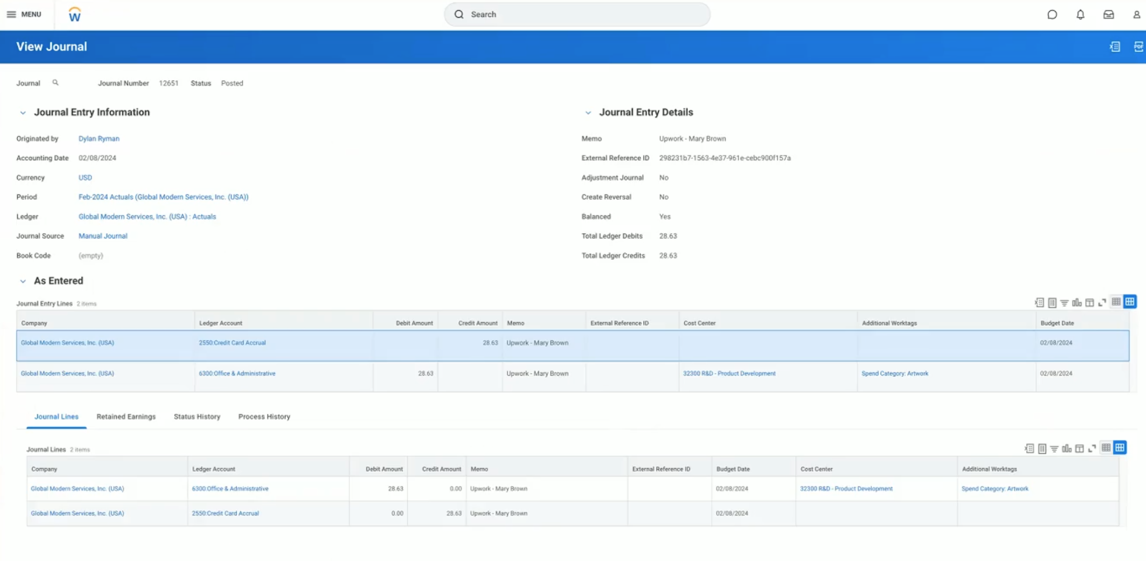 View Journal page displaying journal entry details and associated transactions from Ramp card expenses in Workday.