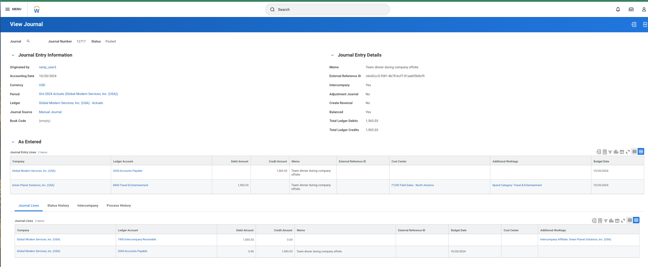 View Journal page showing detailed information about a journal entry, including account details and historical transactions.