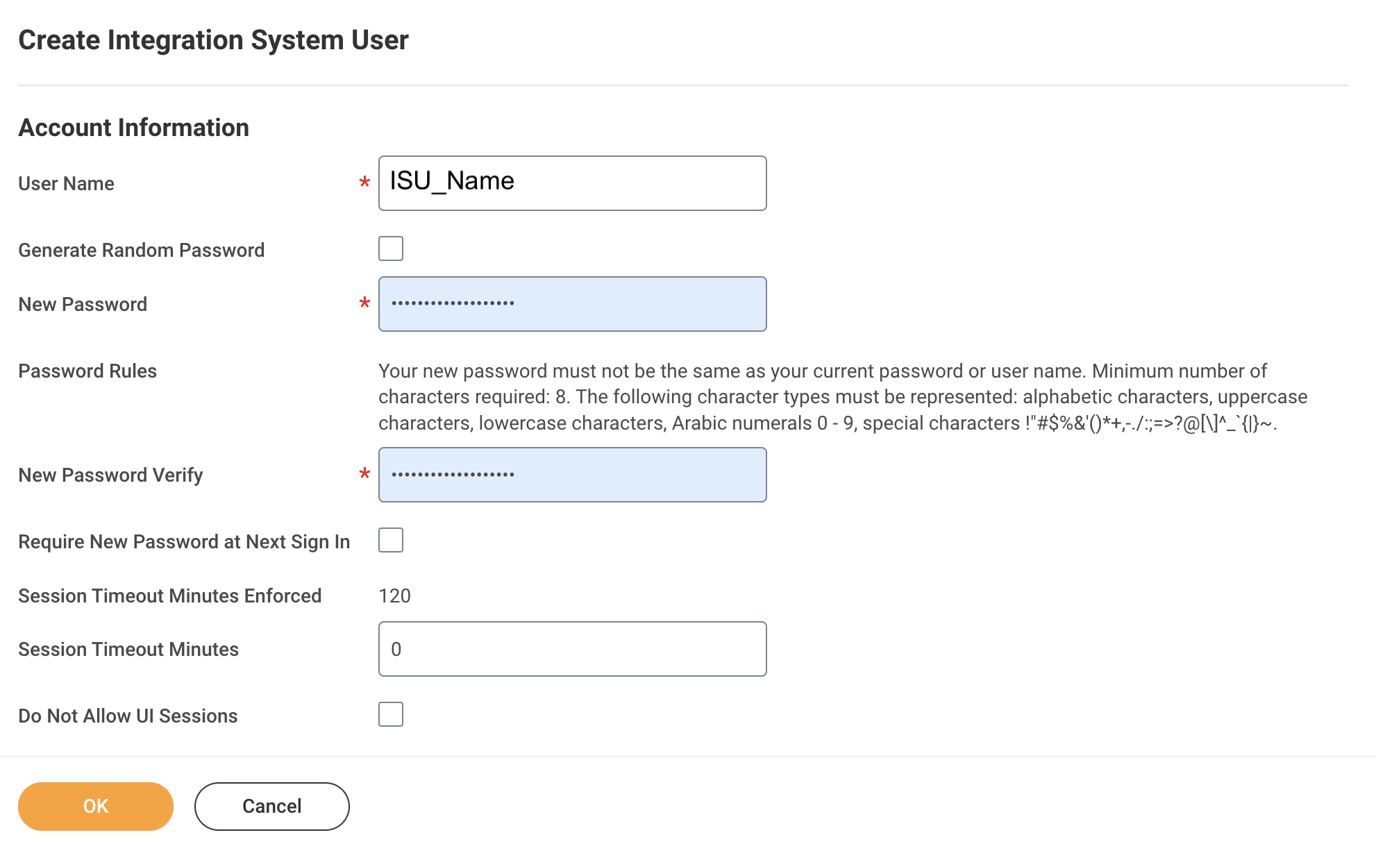 Workday Create Integration System User form with account information fields
