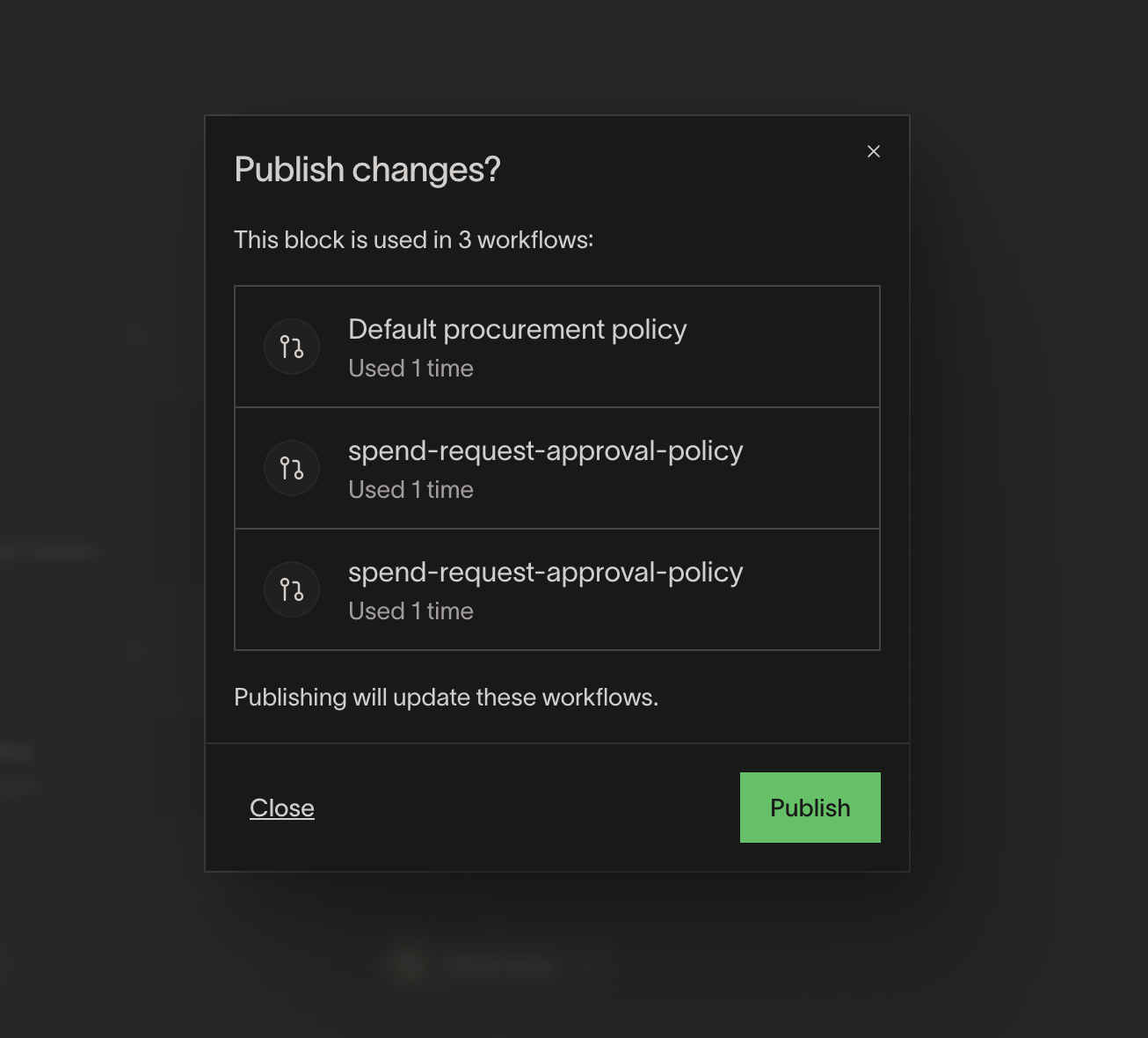 Publish changes dialog listing three workflows that will be updated by the block change