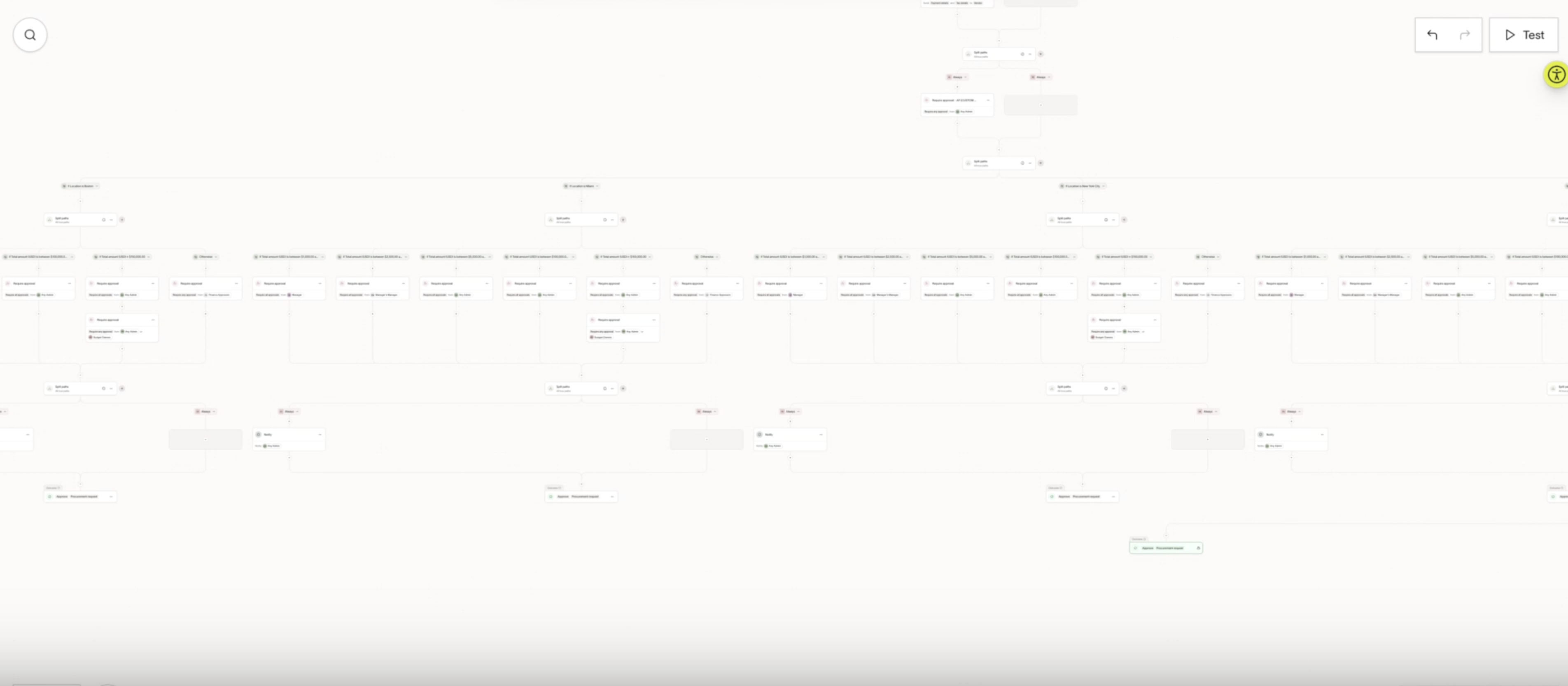 Workflow with location-based split paths, each containing reusable workflow blocks