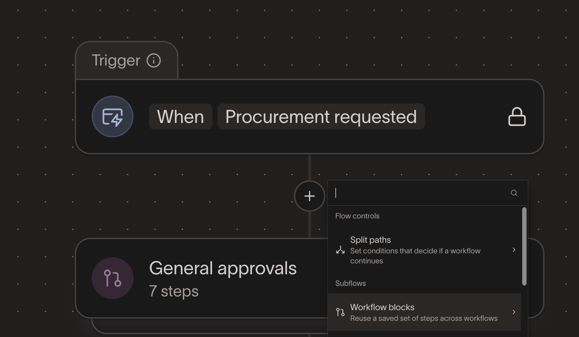Add step menu showing Workflow blocks option under the Subflows section