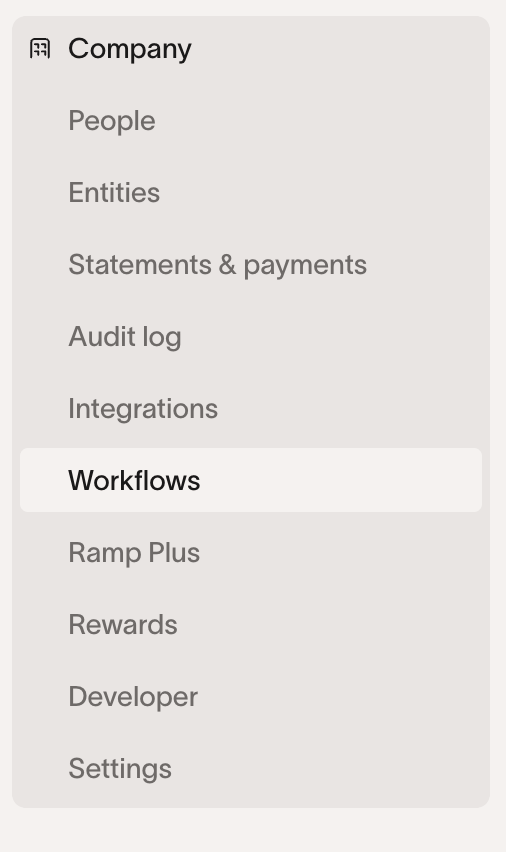 Company menu in Ramp with Workflows highlighted