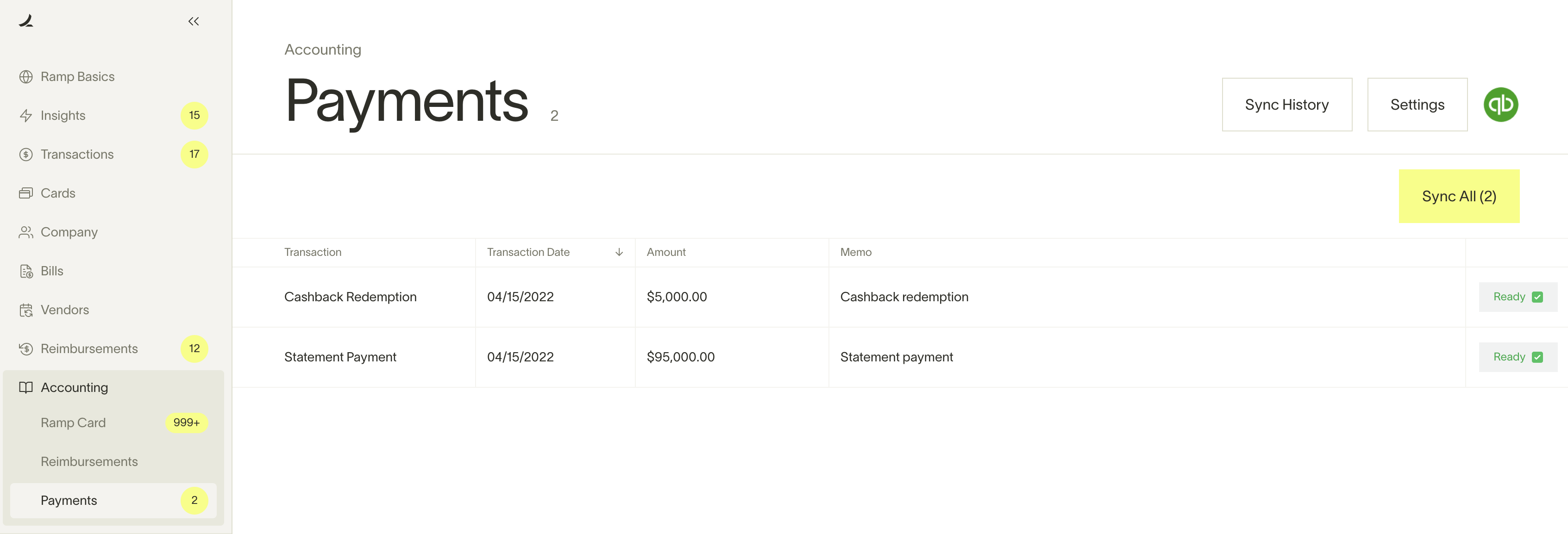 Payments section displaying two transactions: Cashback Redemption and Statement Payment with dates and amounts.