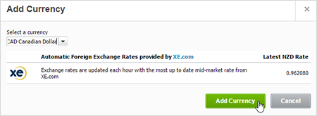 Add Currency section in Xero showing options to select a currency and add it using the latest exchange rate.