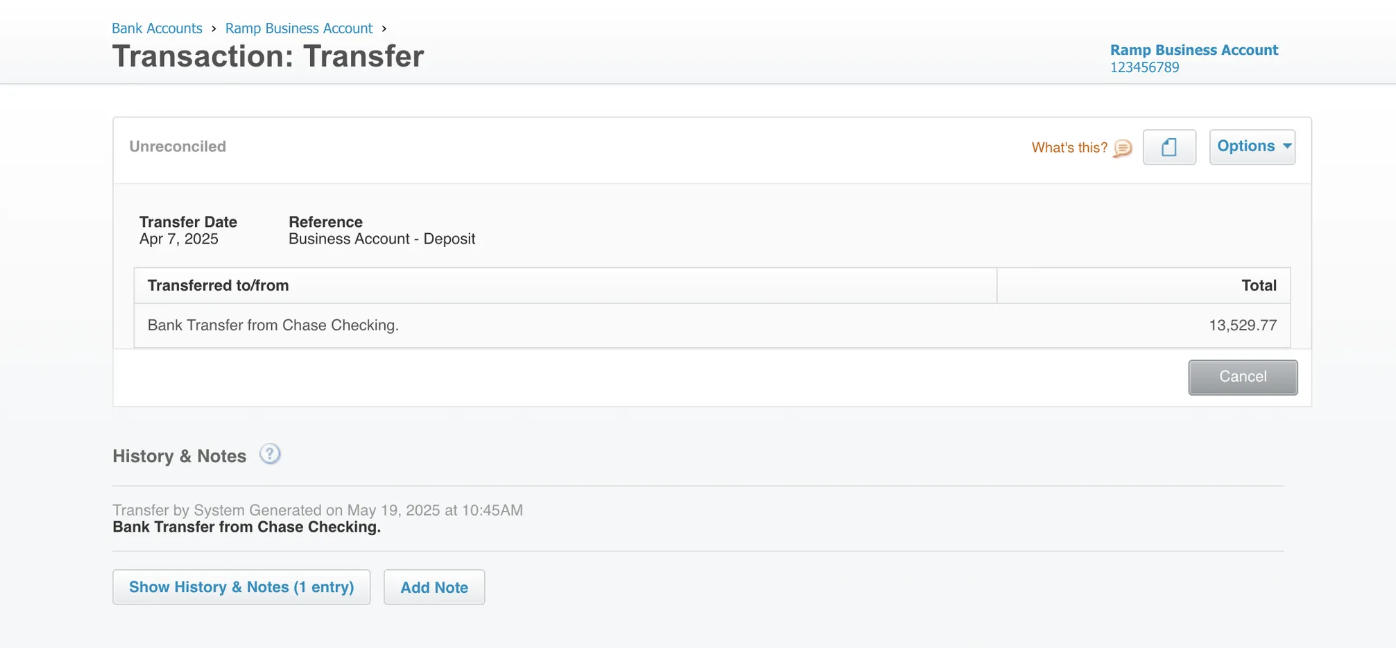 Transfer transaction details for Ramp Checking Account, including transfer reference, amount, and history notes.