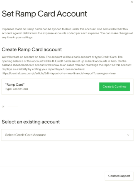 Create Ramp Card account page with fields for account name and type, alongside options to select an existing account.