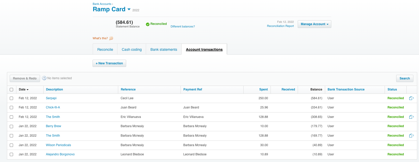 Account transactions for the Ramp Card showing details like date, description, reference, payment fee, and balance.