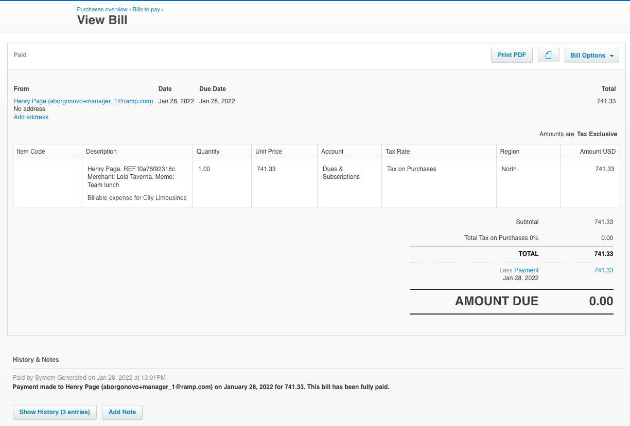 View Bill section showing a paid invoice for Henry Page with itemized charges totaling $741.33 and $0 due.