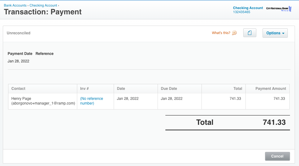 Payment transaction details showing date, reference, invoice, due date, and total amount of $741.33.